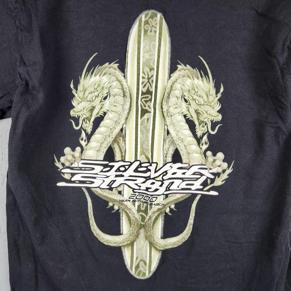 Vintage Silver Strand Shirt Medium Black Dragon Graphic Y2K Surfboard Surf Gold